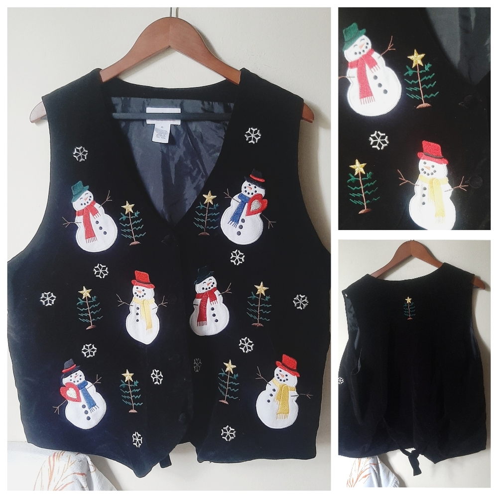VTG Velvet Christmas Snowman XL Vest Ugly y2k